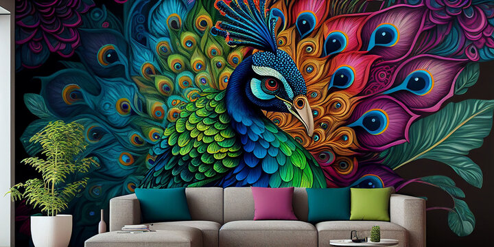 Fototapeta colorful peacock wallpaper. colorful mural background. Generative AI