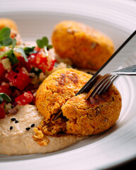 Eating vegetarian falafels with hummus and vegetables