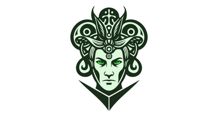 Vector simple graphic female portrait with an evil look, green eyes and a strange hairstyle. White isolated background. Logo, sticker or emblem.