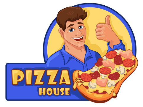 Round Pizzeria Logo or Label with Man and Pizza. Company Mascot. Vector Illustration. Cartoon Style