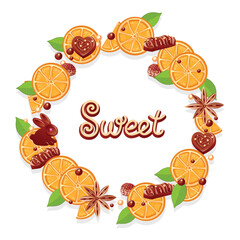 Delicious round frame made of chocolates, oranges and coriander stars. Delicious and sweet background. Candy land. Vector background in cartoon style.