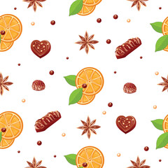 Seamless pattern of chocolates, oranges and coriander stars. Delicious and sweet background. Candy land. Vector background in cartoon style.