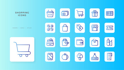 Shopping icon collection with blue gradient outline style. texture, abstract, label, stroke, beauty, headline, acrylic. Vector Illustration