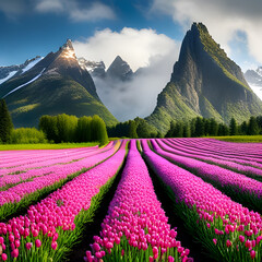 Fototapeta na wymiar Tulip flower field scenery and mountain. Generative AI.