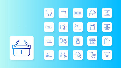 Shopping icon collection with blue gradient outline style. texture, abstract, label, stroke, beauty, headline, acrylic. Vector Illustration