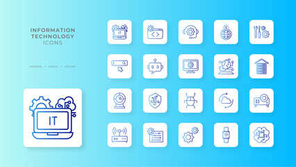 Information Technology icon collection with blue gradient outline style. futuristic, future, internet, tech, communication, data, background. Vector Illustration