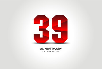 39 Year Anniversary Celebration Logo red vector, 39 Number Design, 39th Birthday Logo, Logotype Number, Vector Anniversary For Celebration, Invitation Card, Greeting Card. logo number Anniversary