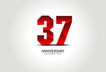 37 Year Anniversary Celebration Logo red vector, 37 Number Design, 37th Birthday Logo, Logotype Number, Vector Anniversary For Celebration, Invitation Card, Greeting Card. logo number Anniversary