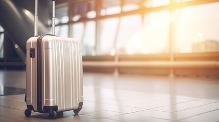 Travel suitcase with airport defocused background. Generative AI
