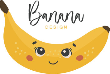 Cute banana fruit vector, Fruit with face, Happy banana vector, Summer fruit with eyes, Kids funny illustration
