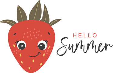 Cute strawberry fruit vector, Fruit with face, Happy strawberry vector, Summer fruit with eyes, Kids funny illustration