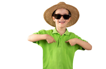 Child on vacation wearing and green t-shirt hat sunglasses over isolated white background looking confident with smile on face, pointing oneself with fingers proud and happy.