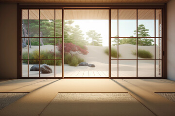 empty space with a serene Zen garden view. generative AI