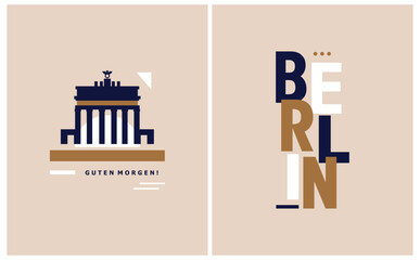 Simple Abstract Vector Illustration with Gold, White and Dark Royal Blue "Berlin" and Faumous Brandenburg Gate on a Dusty Beige Background. Modern Cityscape of Berlin ideal for Poster, Wall Art. © Magdalena