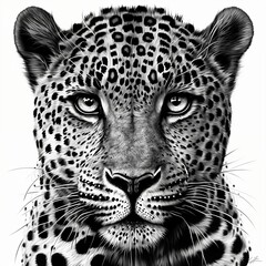 black and white image of male leopard face looking at you - obrazy, fototapety, plakaty