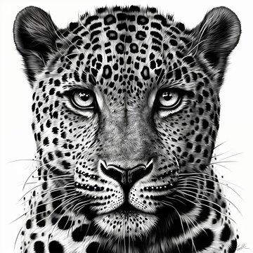 black and white image of male leopard face looking at you