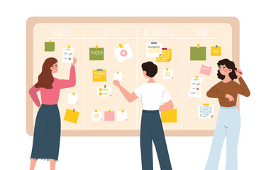 Kanban board concept. Man and woman collect colorful paper with tasks. Teamwork, colleagues working on common project. Segregation of duties and efficient workflow. Cartoon flat vector illustration