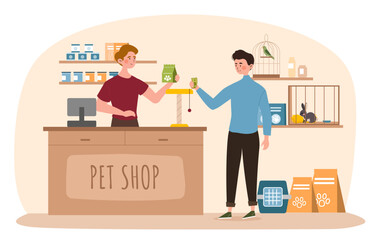 Pet shop concept. Man buys food for animals. Young guy in market with rabbit, parrot and pet products. Seller and buyer at checkout with goods. Cartoon flat vector illustration