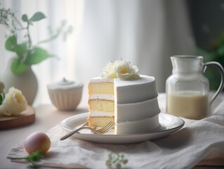 Fototapeta na wymiar Beautiful vanila cake on the table. Generative AI