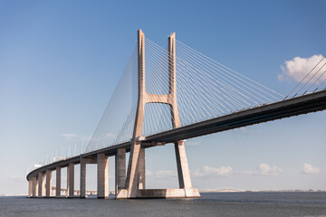 Fototapeta premium The Vasco da Gama Bridge in Lisbon, Portugal. Cable-stayed bridge. Tagus river. 