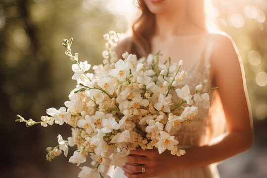 Young girl in a white wedding dress holds in her hands a bouquet of flowers. Generative AI