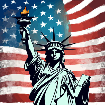 Vector image of the celebration of American Independence Day. The Statue of Liberty on the background of the American flag.