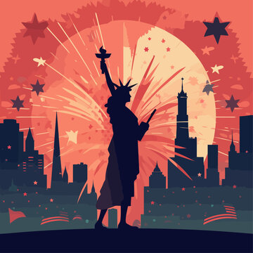 Vector image of the celebration of American Independence Day. A woman in the pose of the Statue of Liberty against the background of the city and fireworks.