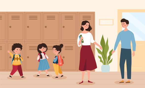 School corridor concept. Boys and girls in front of lockers with school supplies. Education and training, lessons. Group of pupils near classroom. Cartoon flat vector illustration