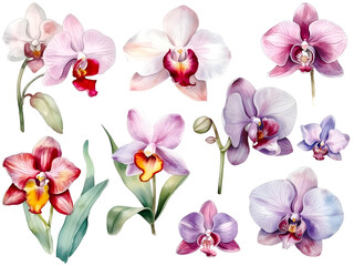 Watercolor orchid cliparts, isolated, transparent background, created with Generative AI technology