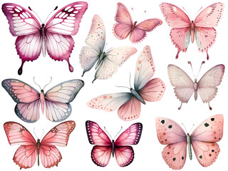 Pink watercolor butterfly cliparts, isolated, created with Generative AI technology