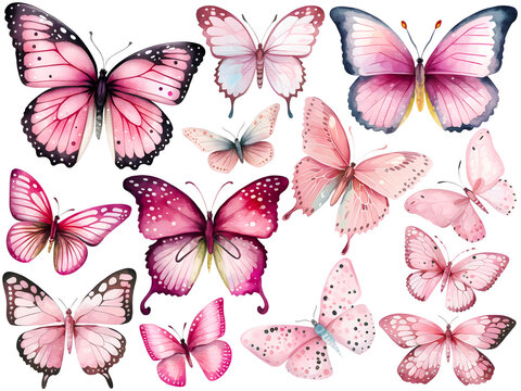 Pink watercolor butterfly cliparts, isolated, created with Generative AI technology