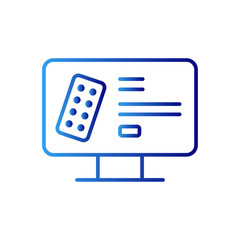 Online pharmacy digital healthcare icon with blue gradient outline style. flat, isolated, diagnosis, computer, vitamin, line, smartphone. Vector Illustration