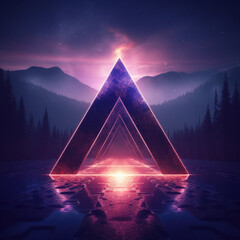 Abstract pyramid background with glowing laser line triangular. 3D rendering. Futuristic Wallpaper
