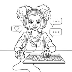 African girl gamer or streamer with cat ears headset sits in front of a computer - 599841411