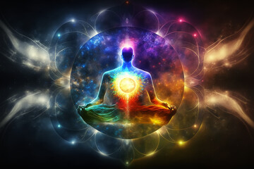 meditation and spiritual practice, expanding of consciousness, chakras and astral body activation, mystical inspiration. Generative AI.

