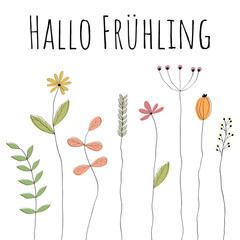 Hallo Frühling. Schriftzug in deutscher Sprache. Grußkarte mit liebevoll gezeichneten Blumen.
