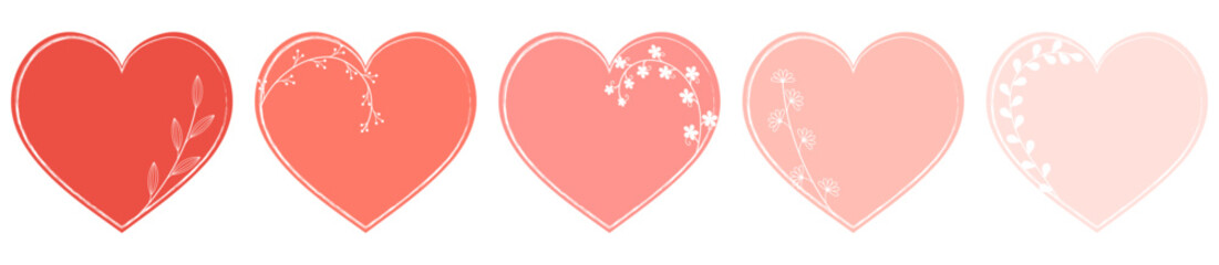 Eine Reihe roter und rosafarbener Herzen mit floralem Design.