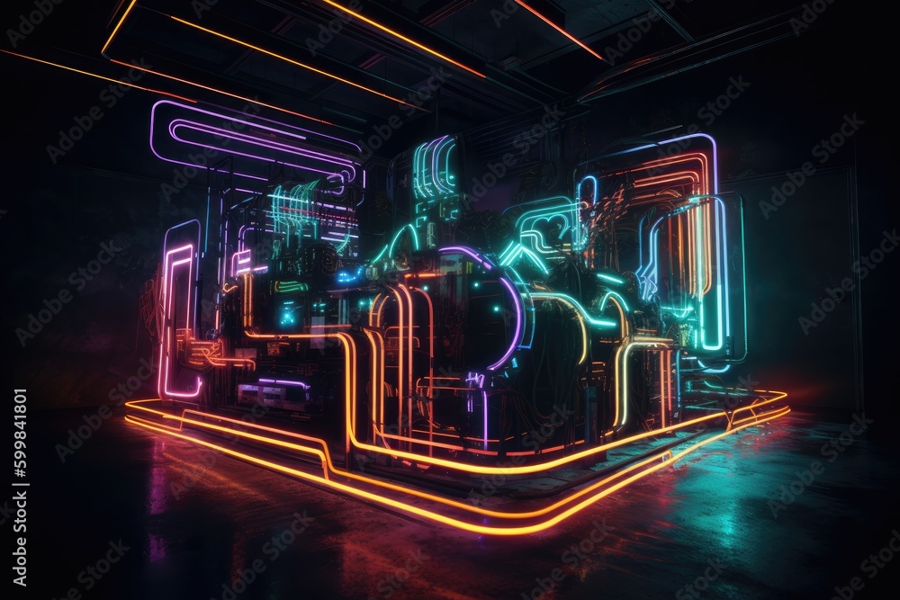 Poster neon lights with colored lights in the background with generative ai