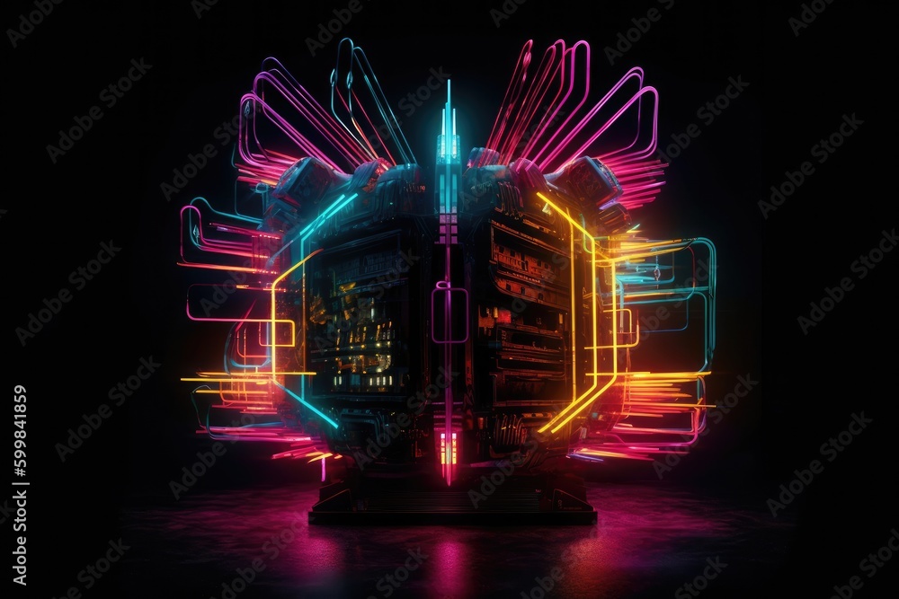Poster neon lights with colored lights in the background with generative ai