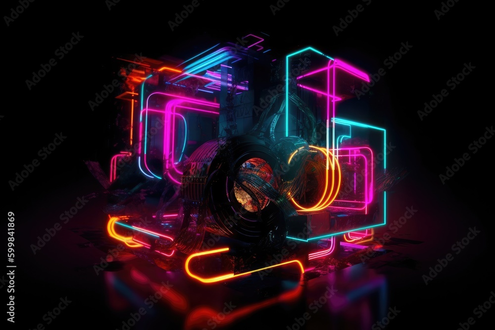 Poster neon lights with colored lights in the background with generative ai