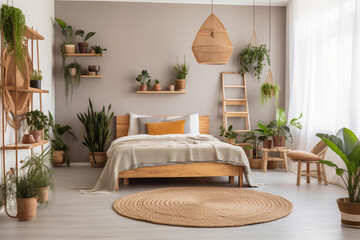 Empty Cozy bedroom with botanical elements, Generative AI