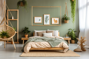 modern empty Cozy bedroom with botanical elements, Generative AI