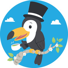 Toucan Bird Drinking Tea Cartoon Illustration