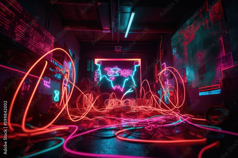 Poster neon lights with colored lights in the background with generative ai