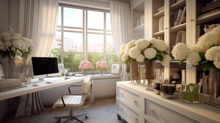 Modern home office design with flowers. Generative ai