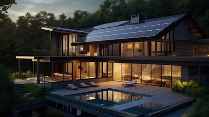 Fototapeta premium Solar panels on the roof of a beautiful home. Generative ai