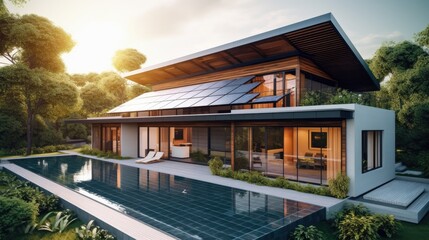 Fototapeta na wymiar Solar panels on the roof of a beautiful home. Generative ai