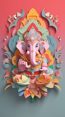 Ganesha paper cut art with colorful background. Generative AI