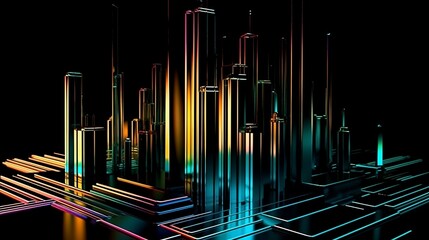 Many geometric shapes that exhibit a shiny, metallic, and neon appearance, with strong contrast, repetition, alignment, and proximity. Generative AI