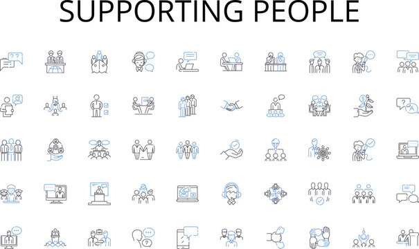Supporting people line icons collection. Crowdfunding, Microfinance, Alternative finance, Peer lending, Online lending, Marketplace lending, Social lending vector and linear illustration